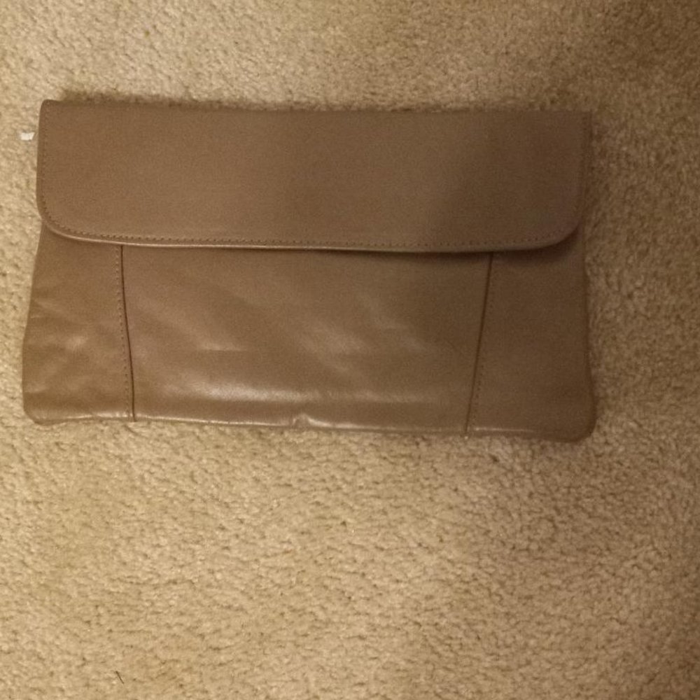 Beige Atlas leather clutch by helou of New York, approximate size 12 X 6.5